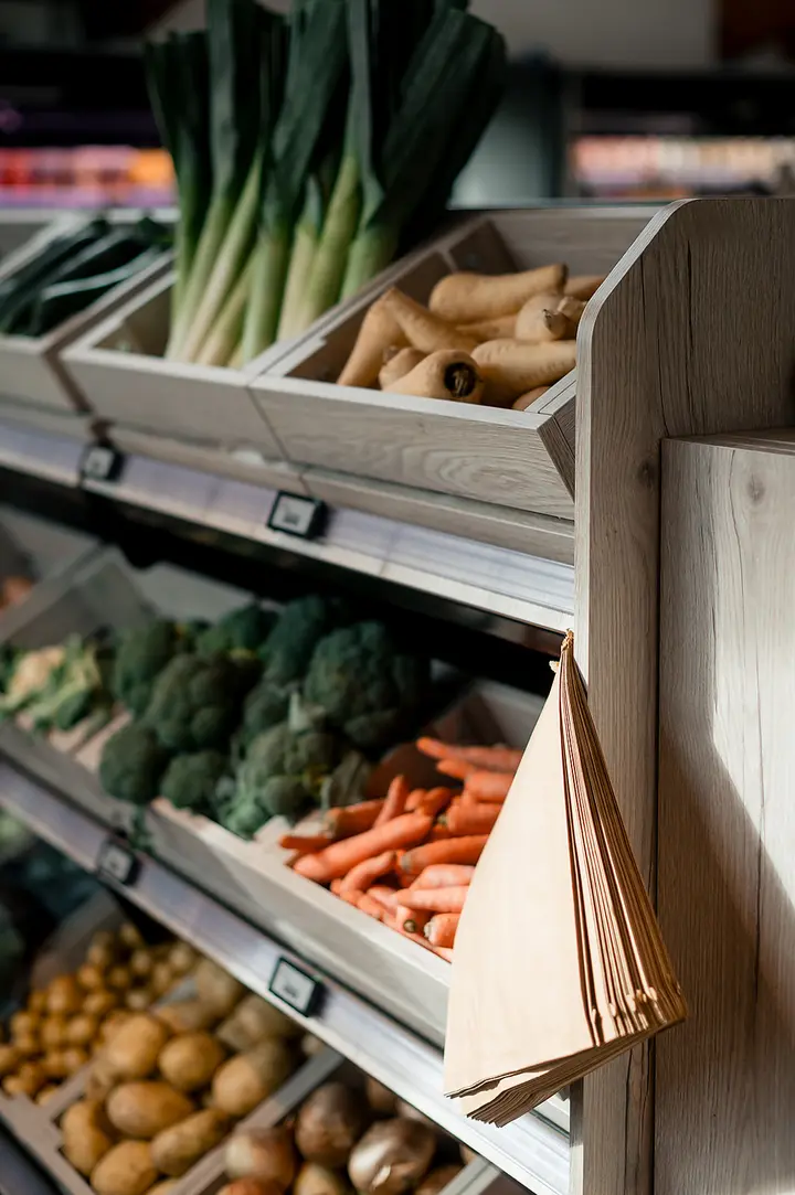 Leeks, broccoli and carrots in wooden crates