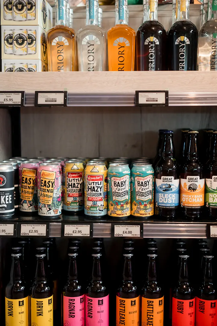Shelves of local beers and spirits